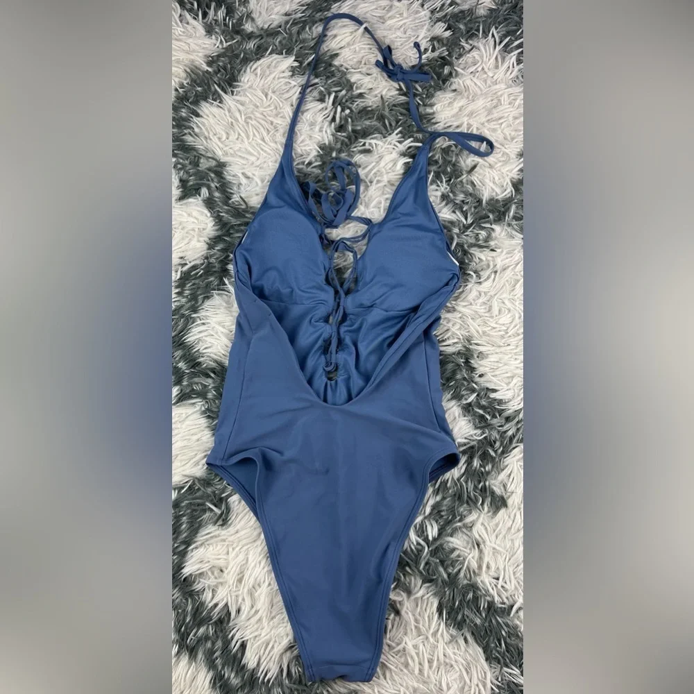 Aerie Women's Blue Lace Up High Cut One-Piece Swimsuit Size Small